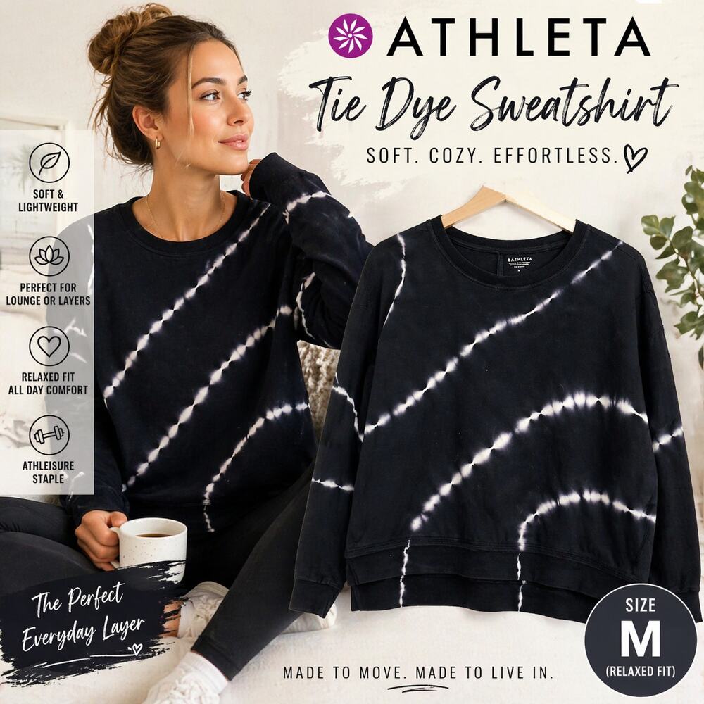 Athleta Tie Dye Sweatshirt Medium Black White Oversized Cozy Pullover